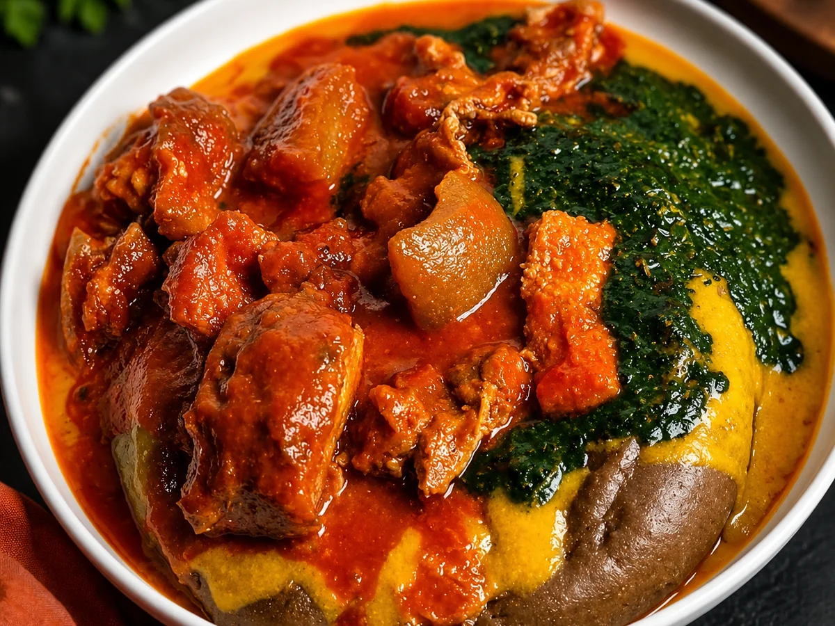 Amala, Gbegiri, Ewedu, Stew & Meat
